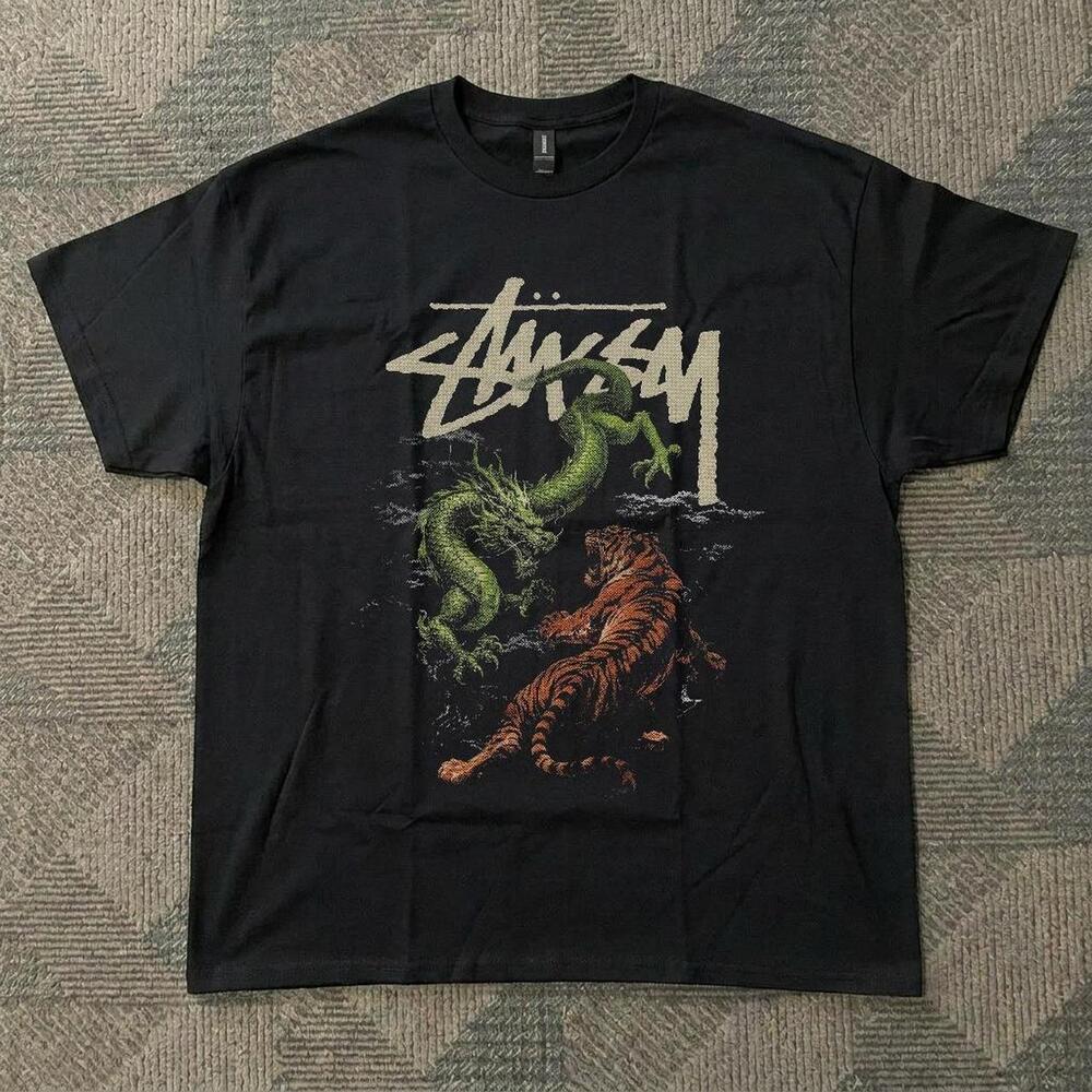 Black Stussy Tiger Dragon Cotton Tee 1